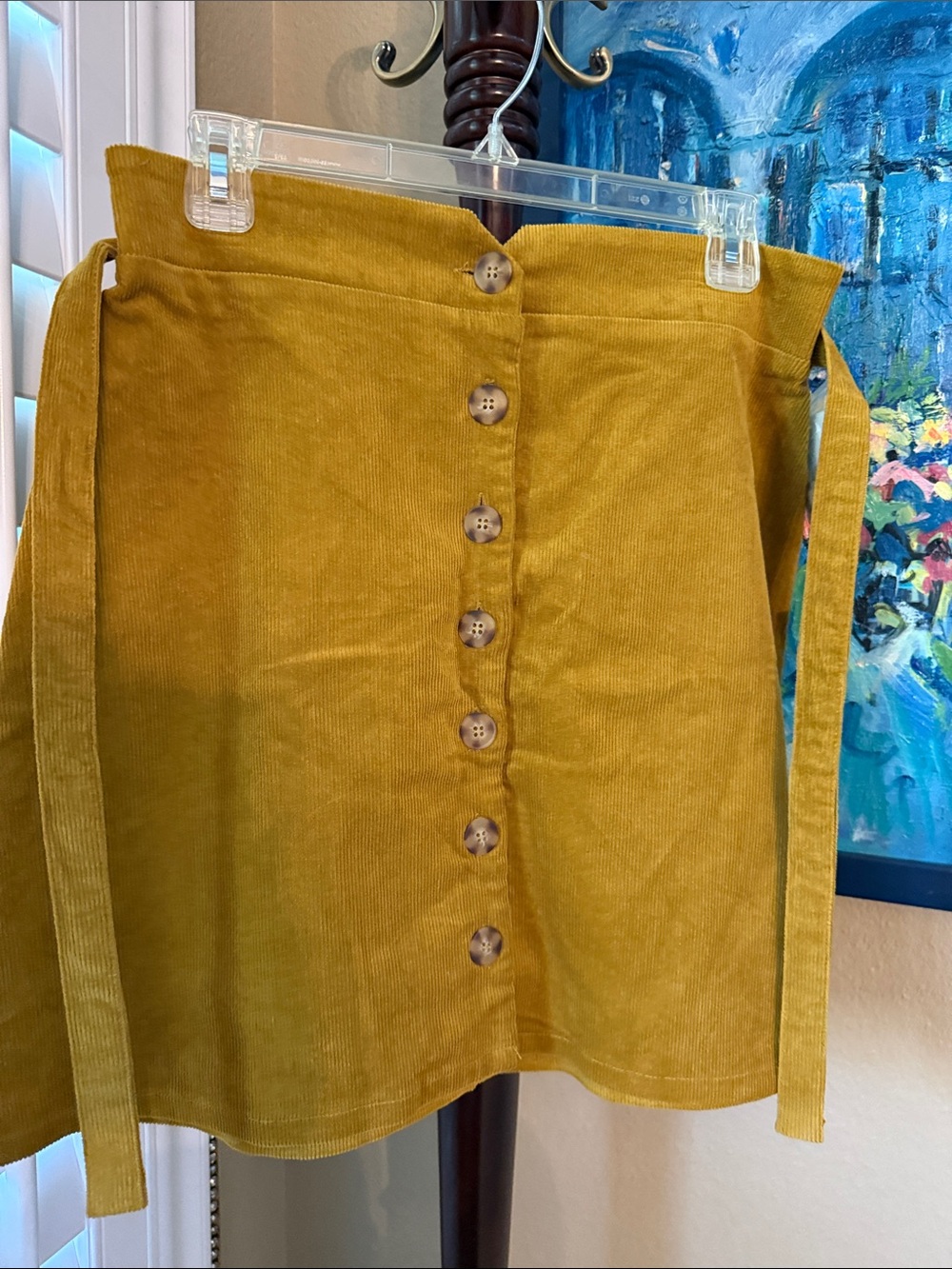 june & hudson Mustard Corduroy A-Line Button-Front Skirt with Tie - Picture 3 of 10